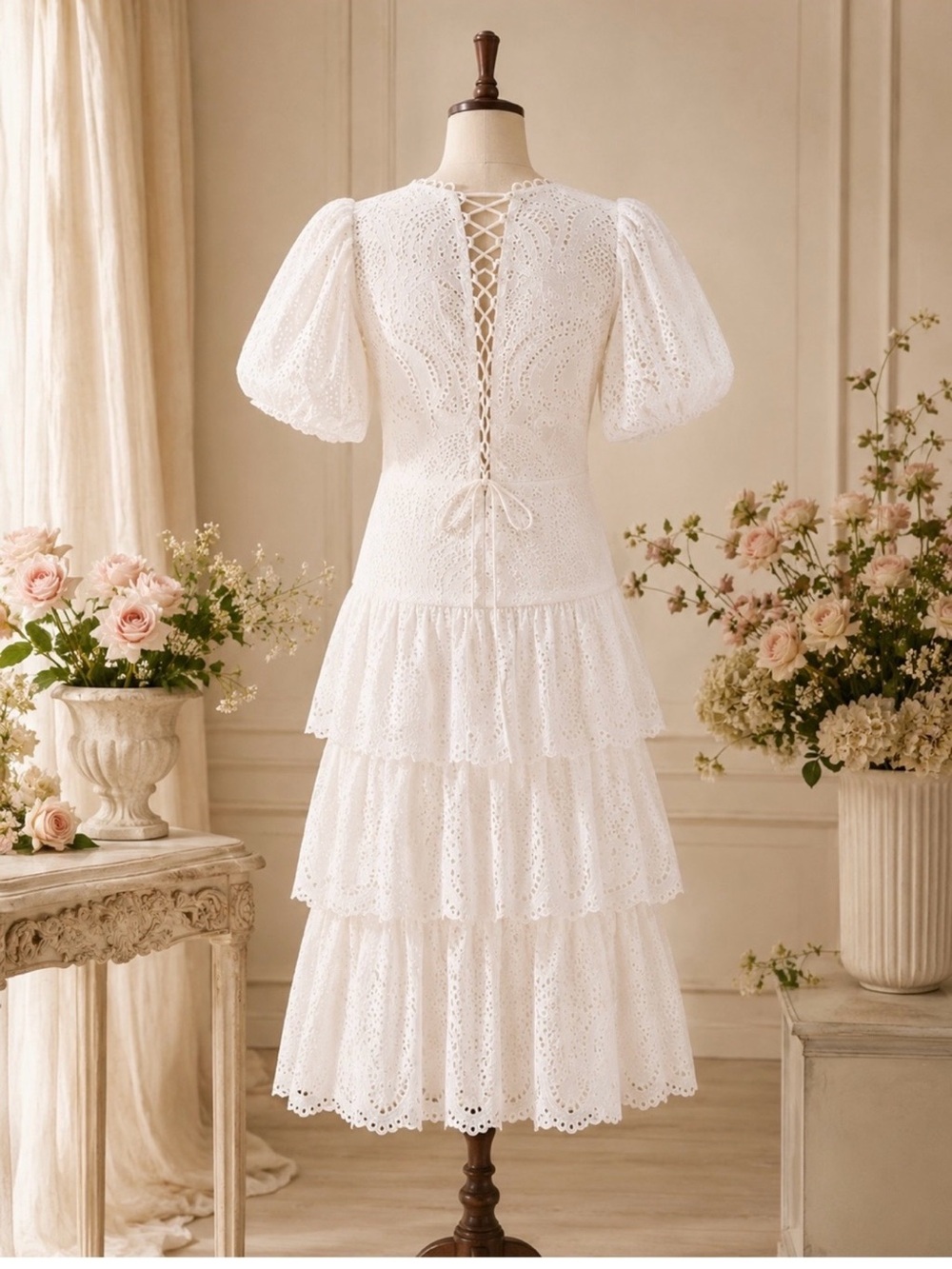 Farm Rio White Eyelet Puff Sleeve Tiered Cotton Midi Dress Sz-L - Picture 3 of 7